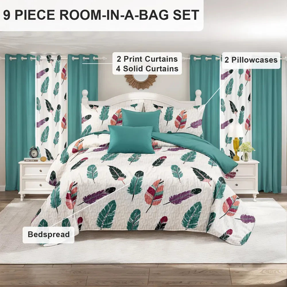 9 Piece Boho Feather Bedspread Curtain Set Queen King Cal King Bedding
