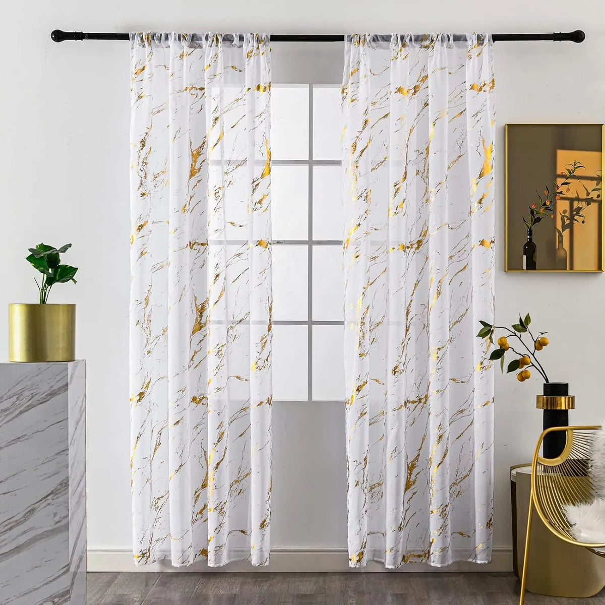 52x96 Sheer Curtains 2 Panels Metallic Gold Silver Print Grommet Light Filtering