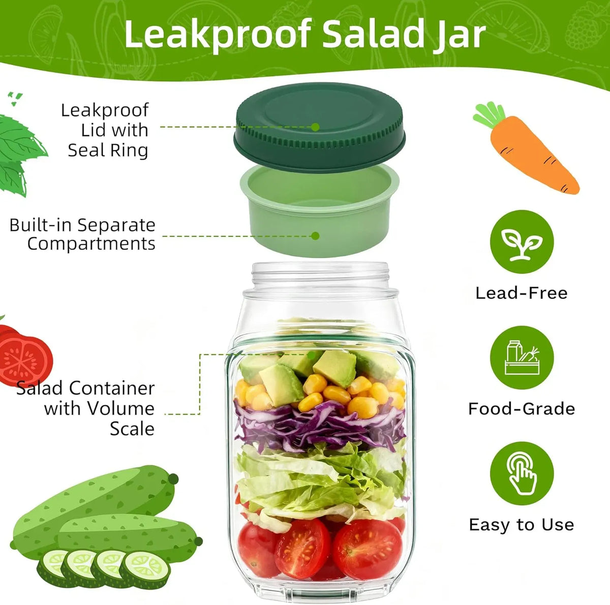 Salad Container with Side Opening Leak Resistant Meal Prep Box Dressing Cup 1 2PK