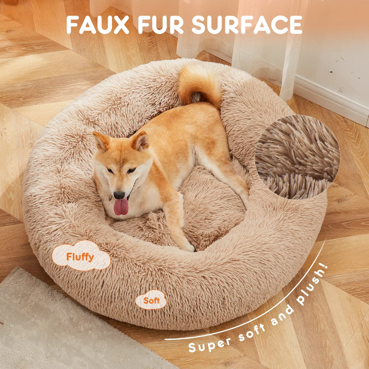 24" Donut Dog Bed Fluffy Round Faux Fur Pet Bed Small Dogs Cats Washable Non Slip