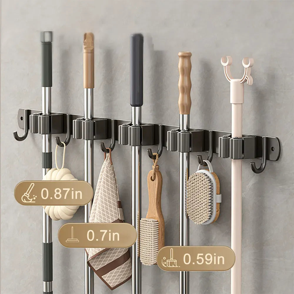 Wall Mount Broom and Mop Holder Heavy Duty Metal Tool Organizer Rack With Hooks