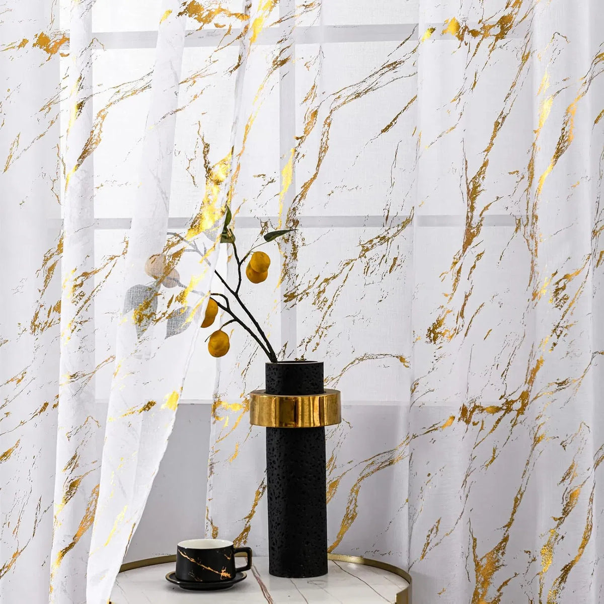 52x84 Sheer Curtains 2 Panels Metallic Print Rod Pocket Light Filtering Drapes