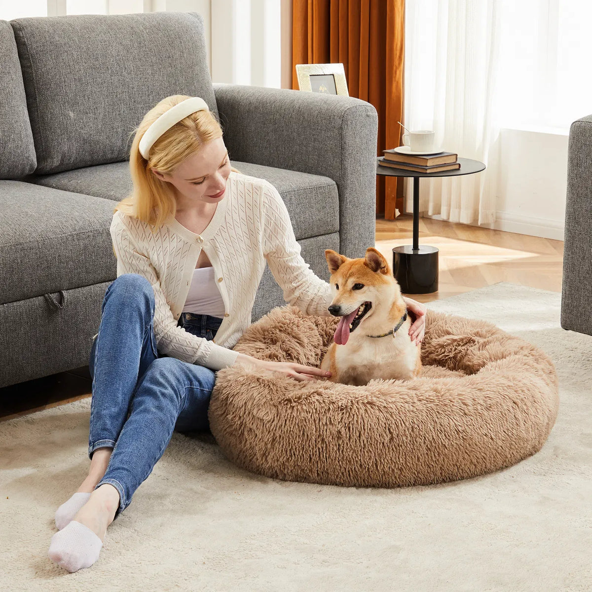 24" Donut Dog Bed Fluffy Round Faux Fur Pet Bed Small Dogs Cats Washable Non Slip