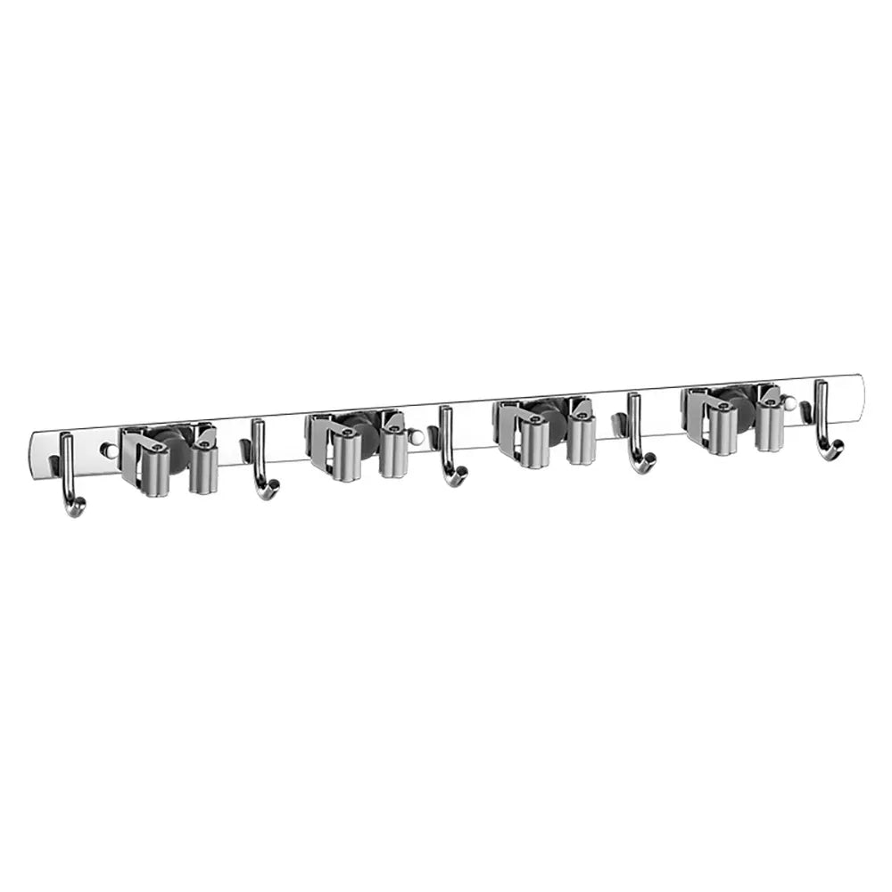 Stainless Steel Broom Holder Wall Mount Mop Organizer Rack 4 Clips 5 Hooks Garage