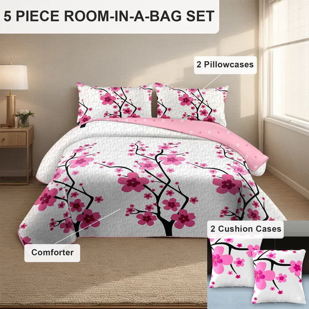 Pink Cherry Blossom Quilt Set 5 Piece Water Resistant Bedspread Queen King Cal King