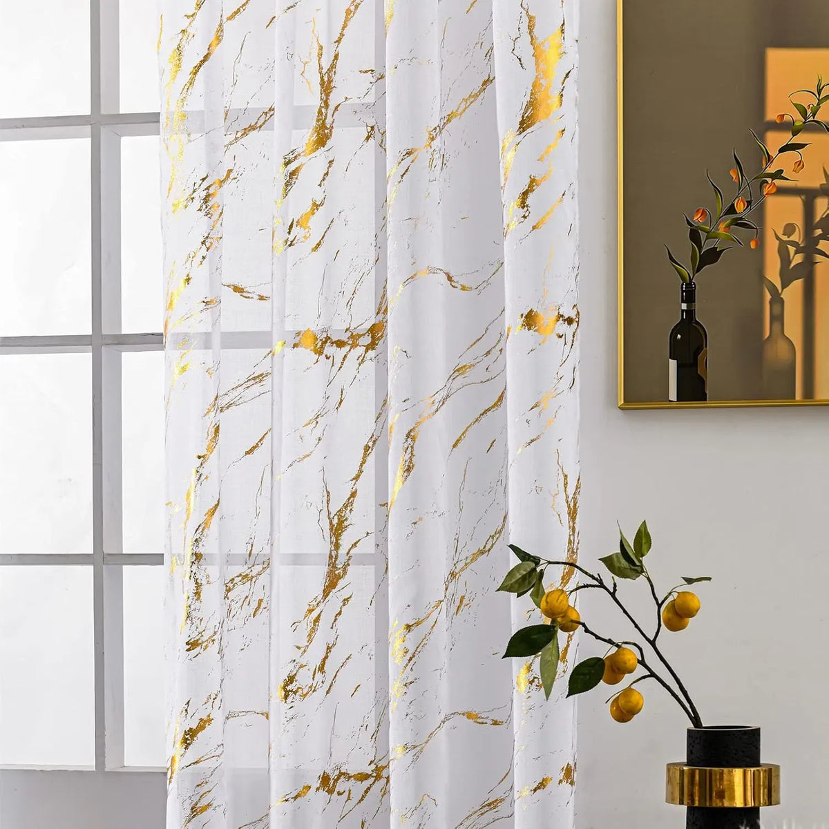 52x96 Sheer Curtains 2 Panels Metallic Gold Silver Print Grommet Light Filtering