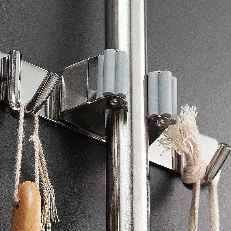 Stainless Steel Broom Holder Wall Mount Mop Organizer Rack 4 Clips 5 Hooks Garage