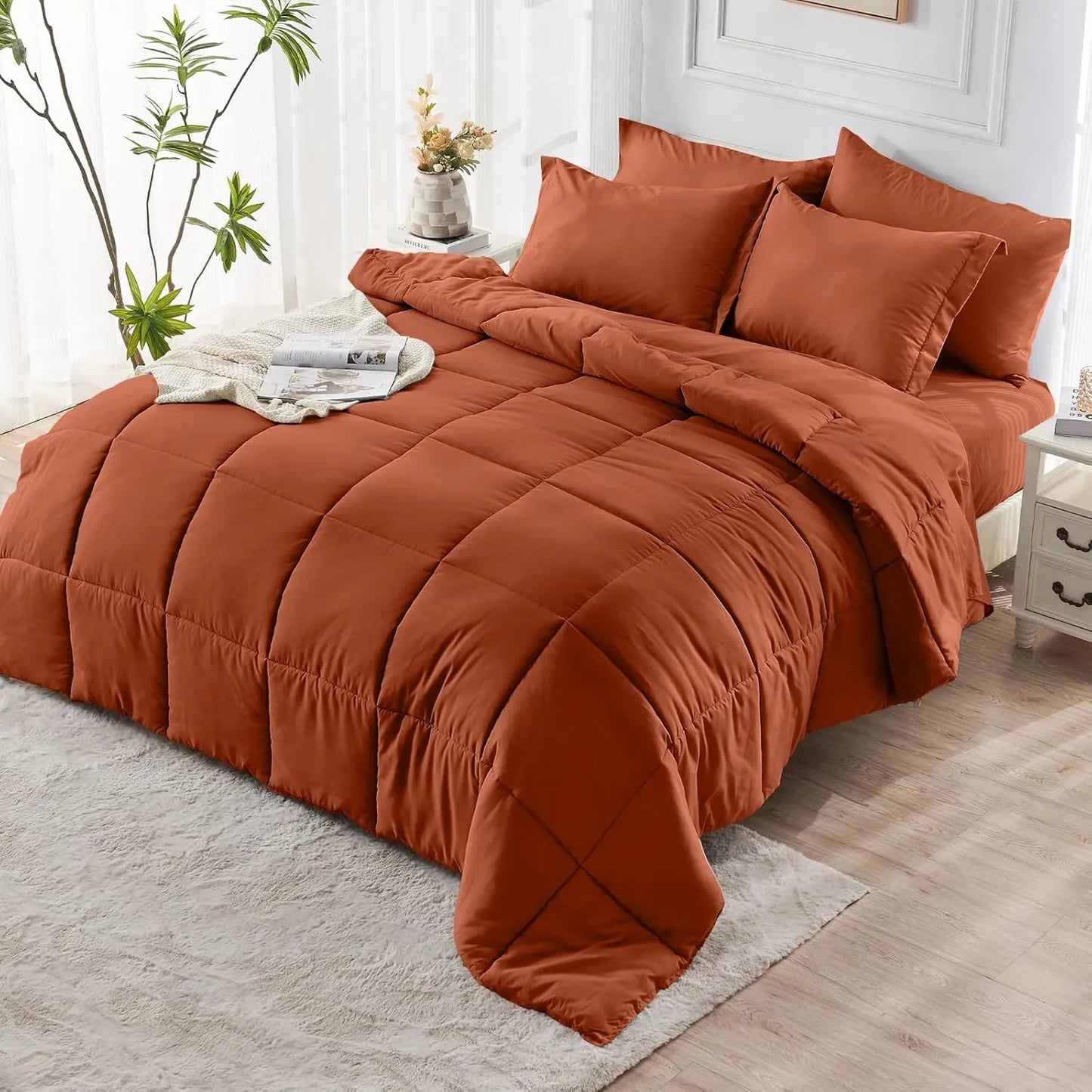 Burnt Orange Comforter Set Soft Microfiber Lightweight Quilted Twin Queen King