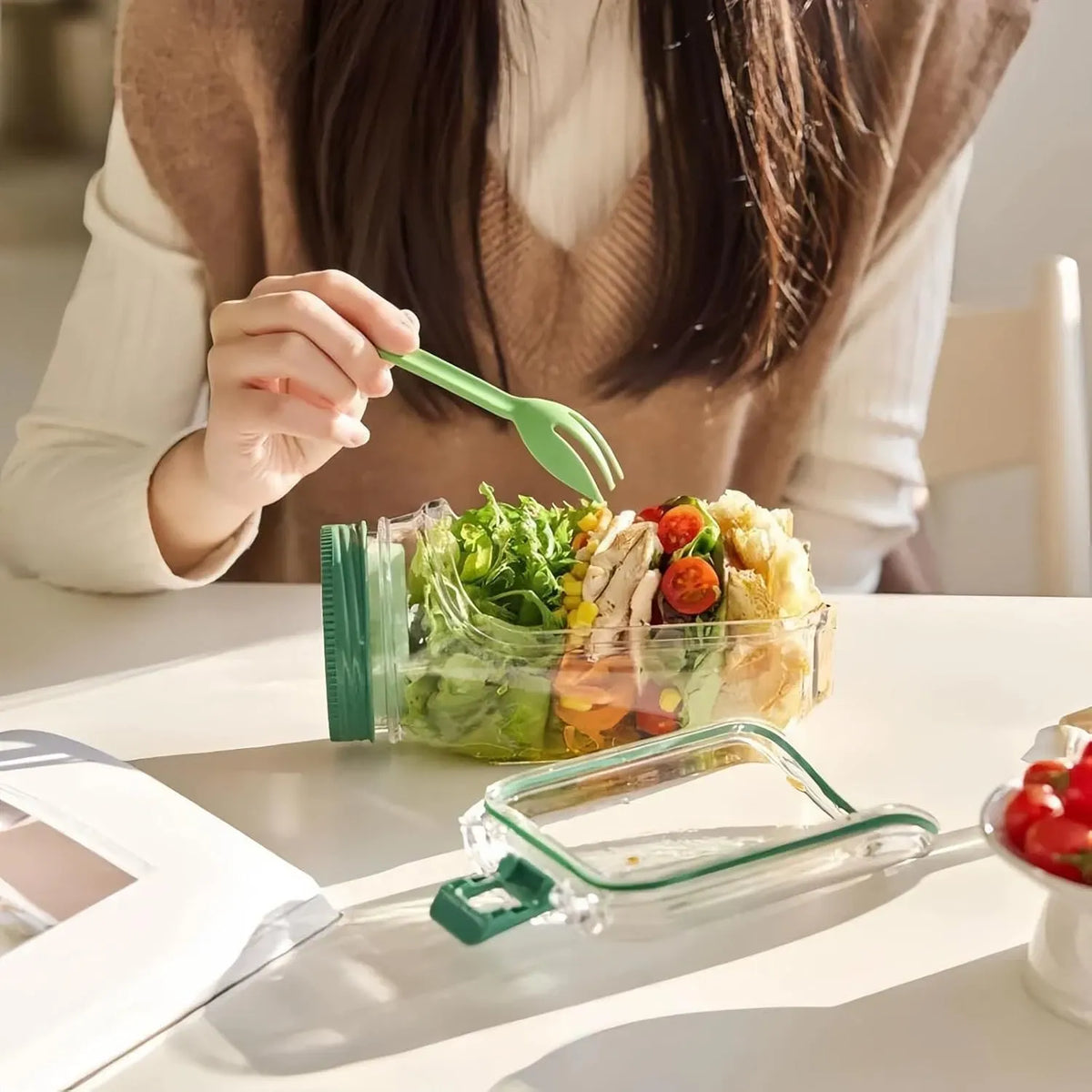 Salad Container with Side Opening Leak Resistant Meal Prep Box Dressing Cup 1 2PK