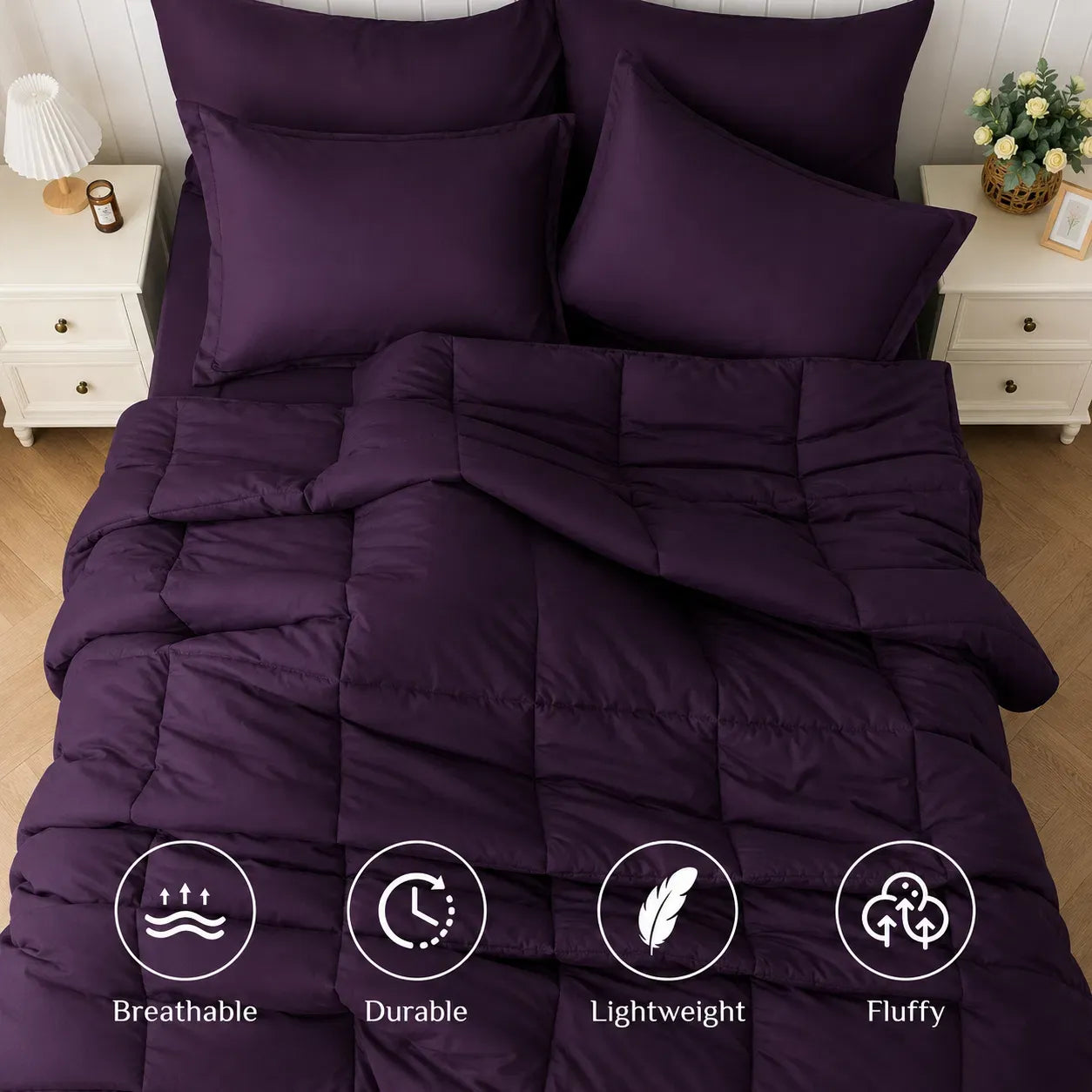 Purple Comforter Set Twin Queen King - Soft Microfiber Square Stitch Bedding
