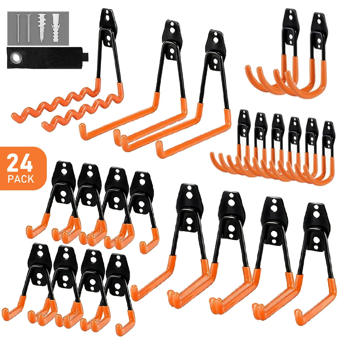 24 Pack Heavy Duty Garage Hooks Wall Mount Tool Storage Organizer Orange Black