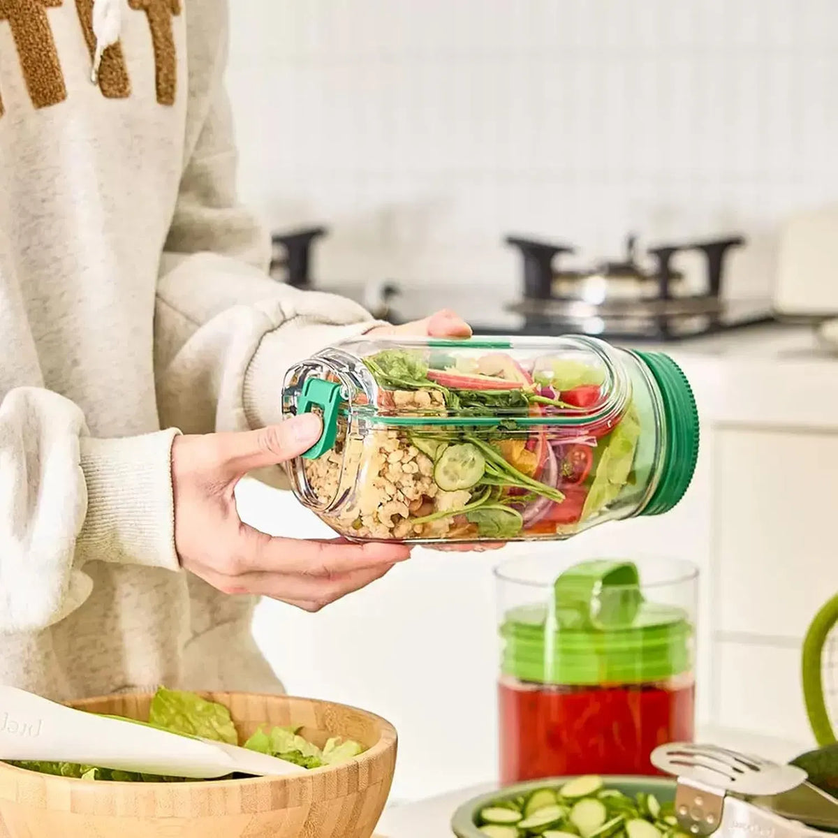 Salad Container with Side Opening Leak Resistant Meal Prep Box Dressing Cup 1 2PK