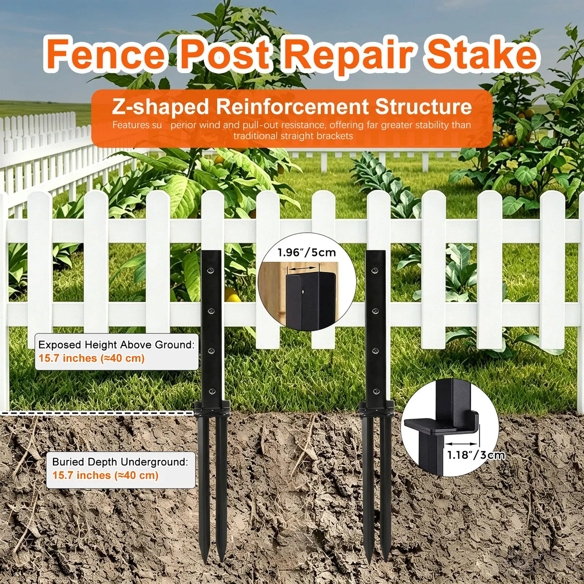 2 Pack No Dig Fence Post Repair Kit Heavy Duty Steel Ground Spike Anchor Black