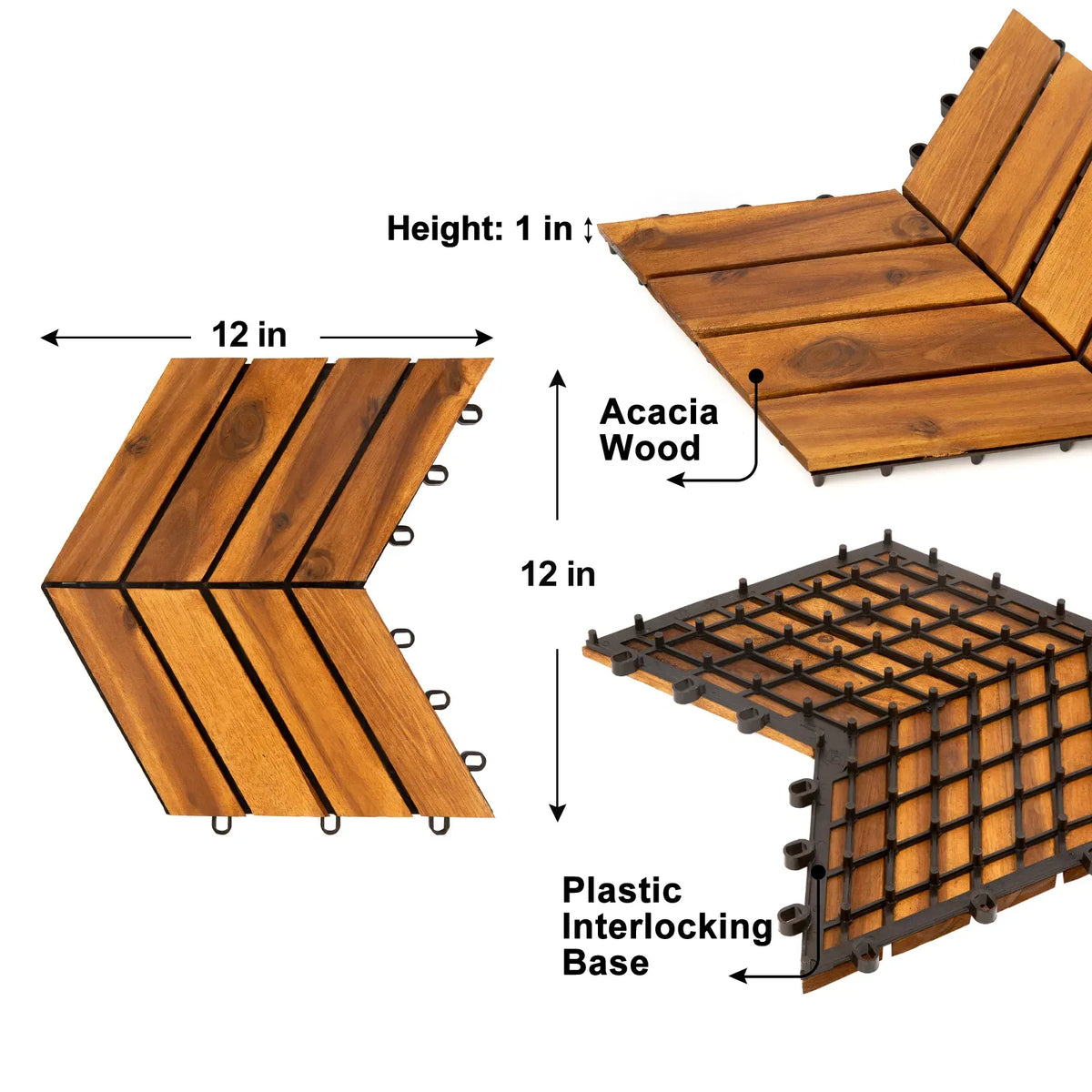 Interlocking Acacia Wood Deck Tiles 12x12 10 Pack Outdoor Patio Balcony Flooring