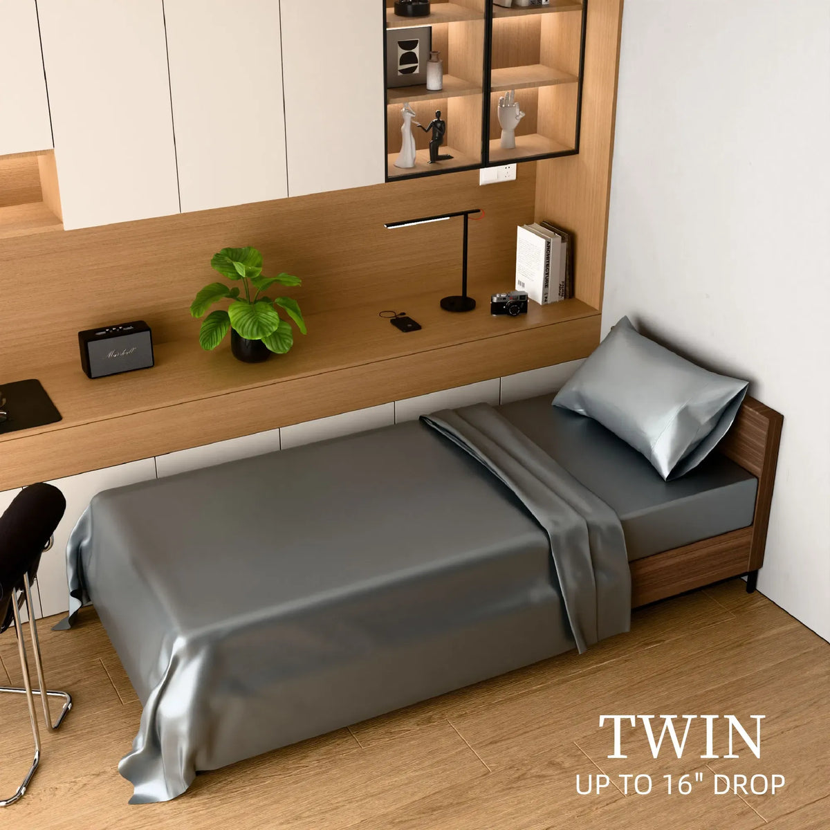 Twin Satin Sheets 3PC Gray 15in Deep Pocket Silky Soft Polyester Bedding Set