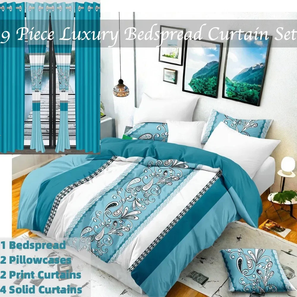9 Piece Turquoise Paisley Bedspread Curtain Set Queen King Cal King Bedding