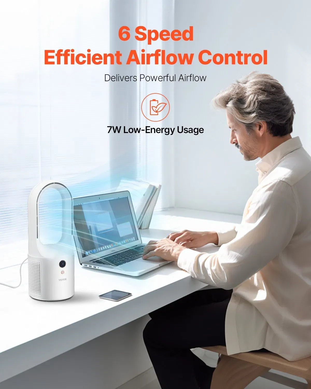 VEVOR Bladeless Desk Fan 12.99in USB Quiet 6 Speed Tower Fan Kids Safe