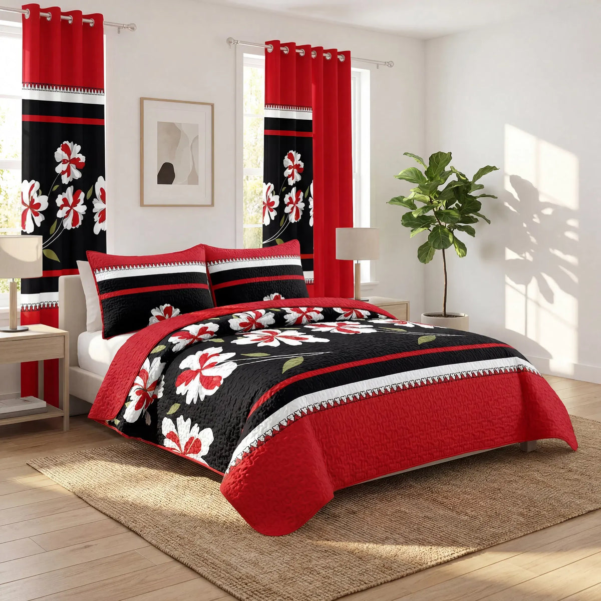 9 Piece Bed in a Bag Set Red Black Floral Bedspread Curtains King Cal King