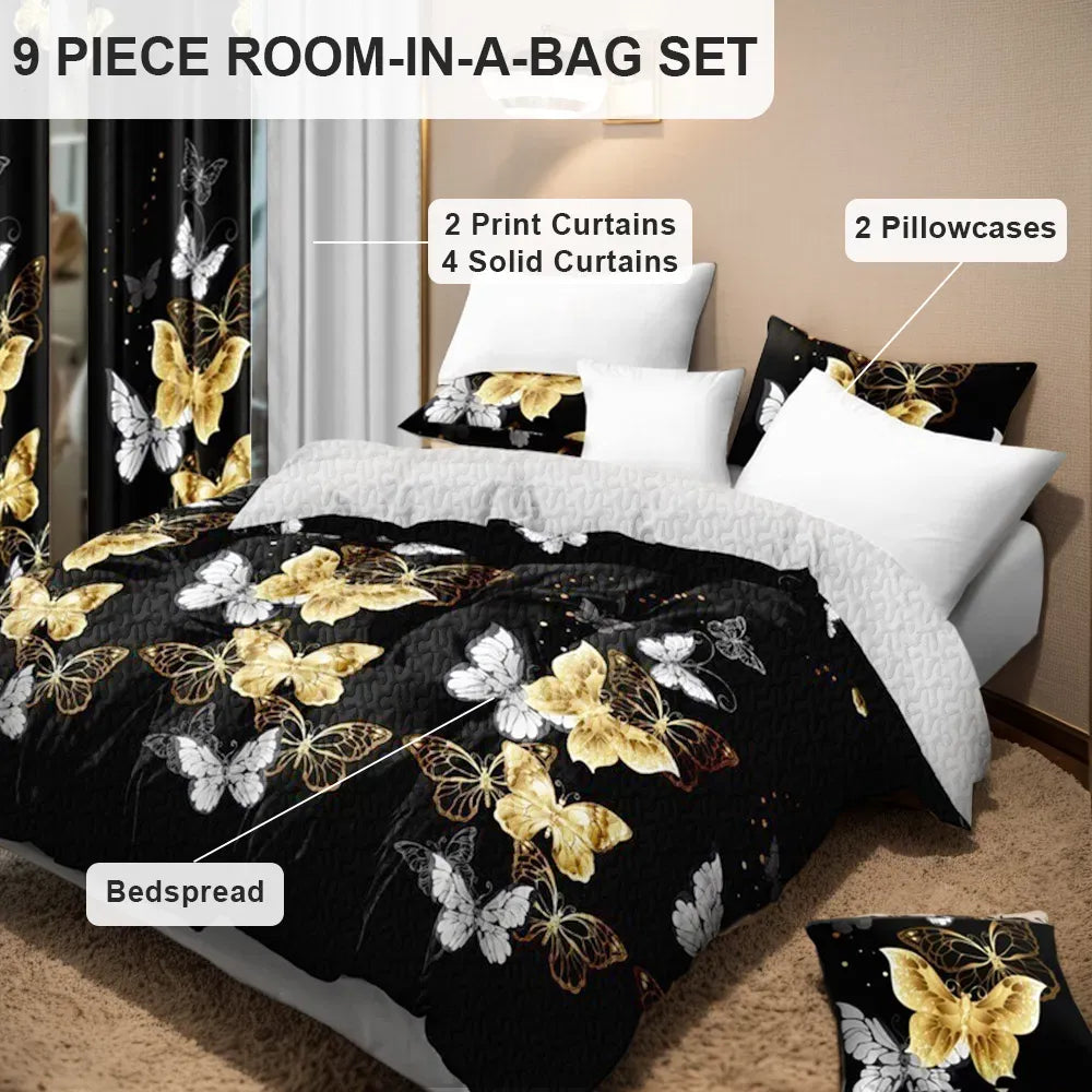 9 Piece Black Gold Butterfly Bedspread Curtain Set Queen King Cal King Bedding
