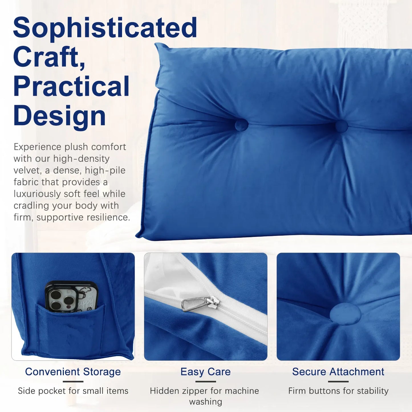 Triangular Reading Cushion Headboard Backrest Wedge Pillow Blue Buttons Washable