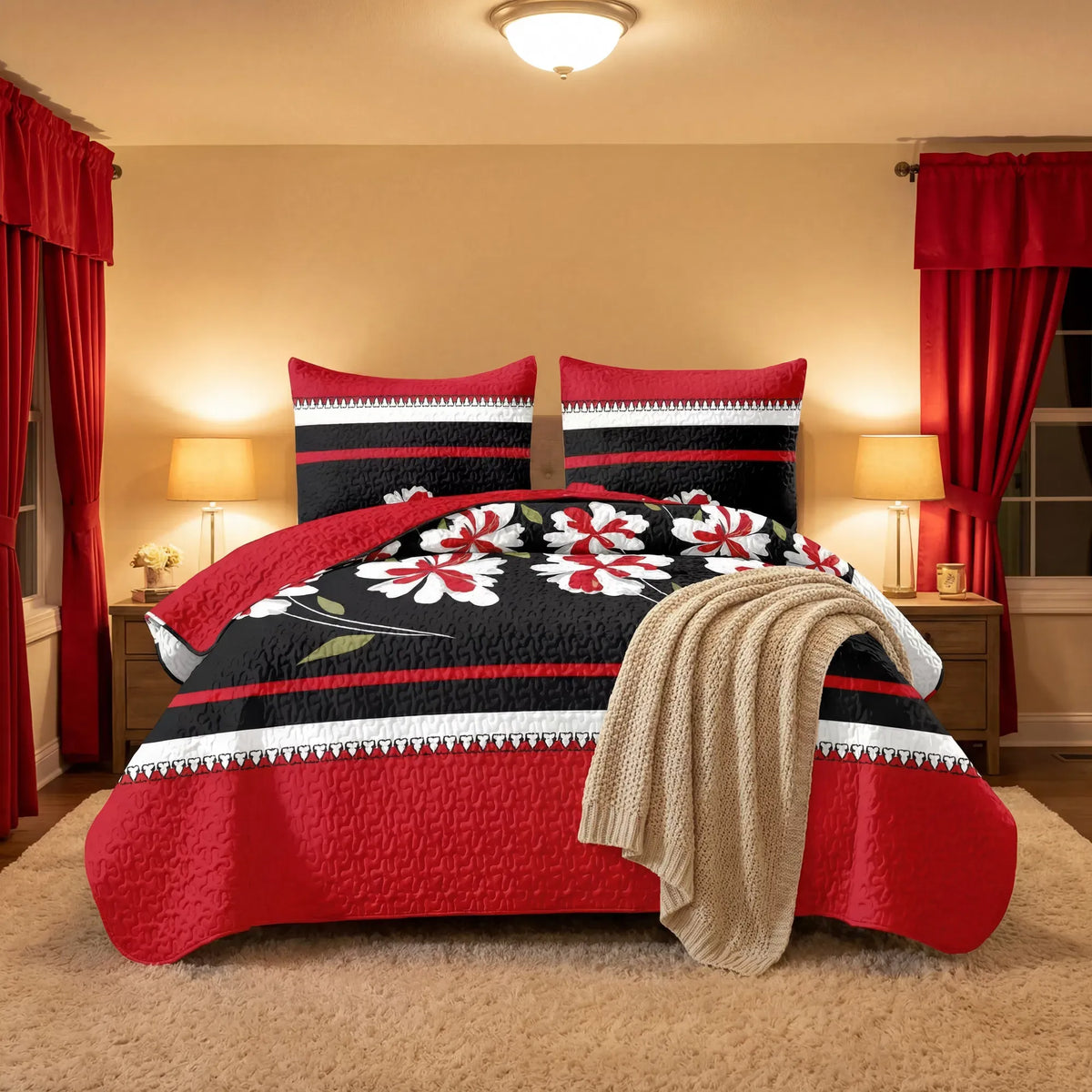 9 Piece Bed in a Bag Set Red Black Floral Bedspread Curtains King Cal King