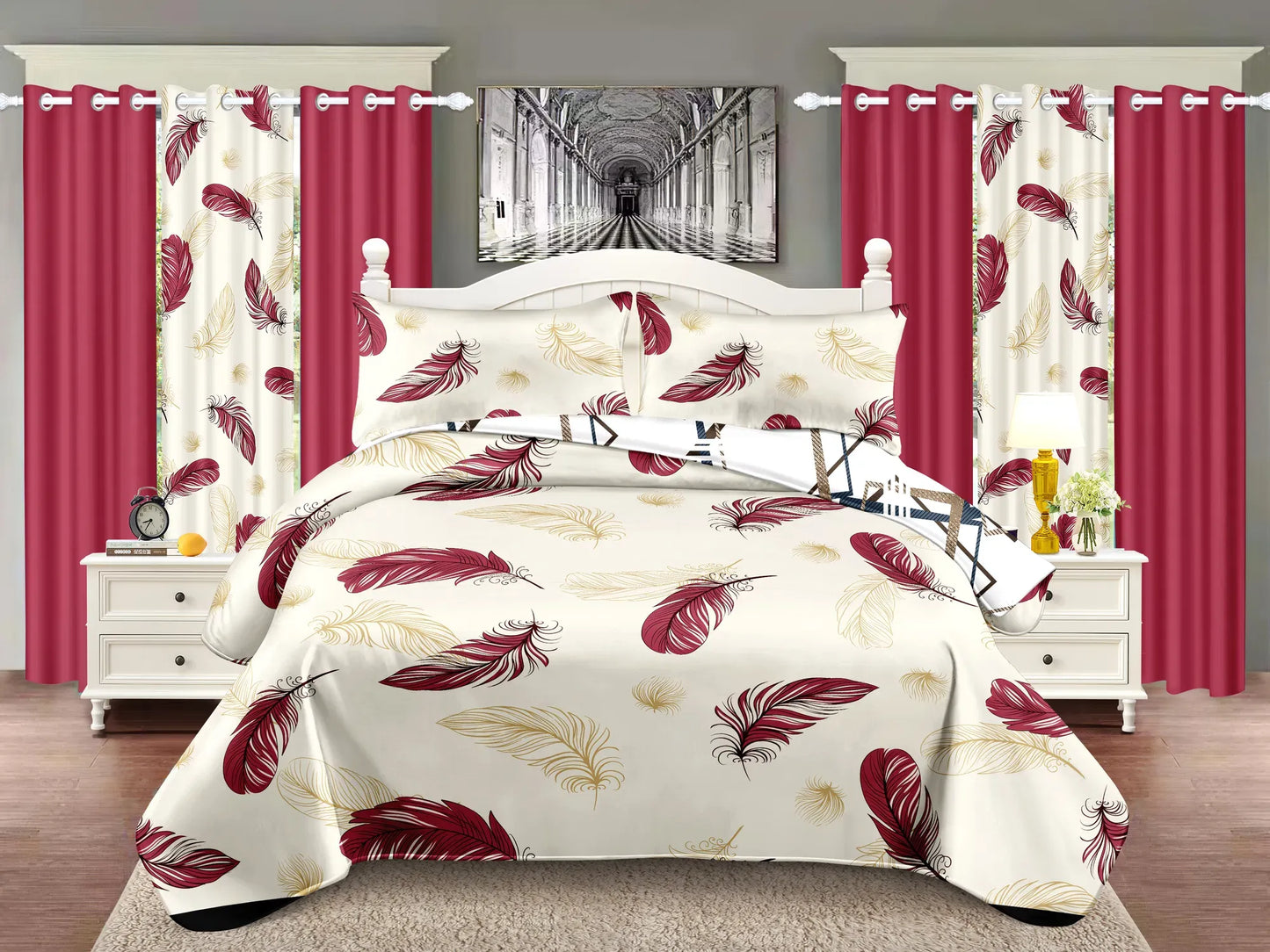 9 Piece Bed in a Bag Set Red Feather Bedspread Curtains Queen King Cal king