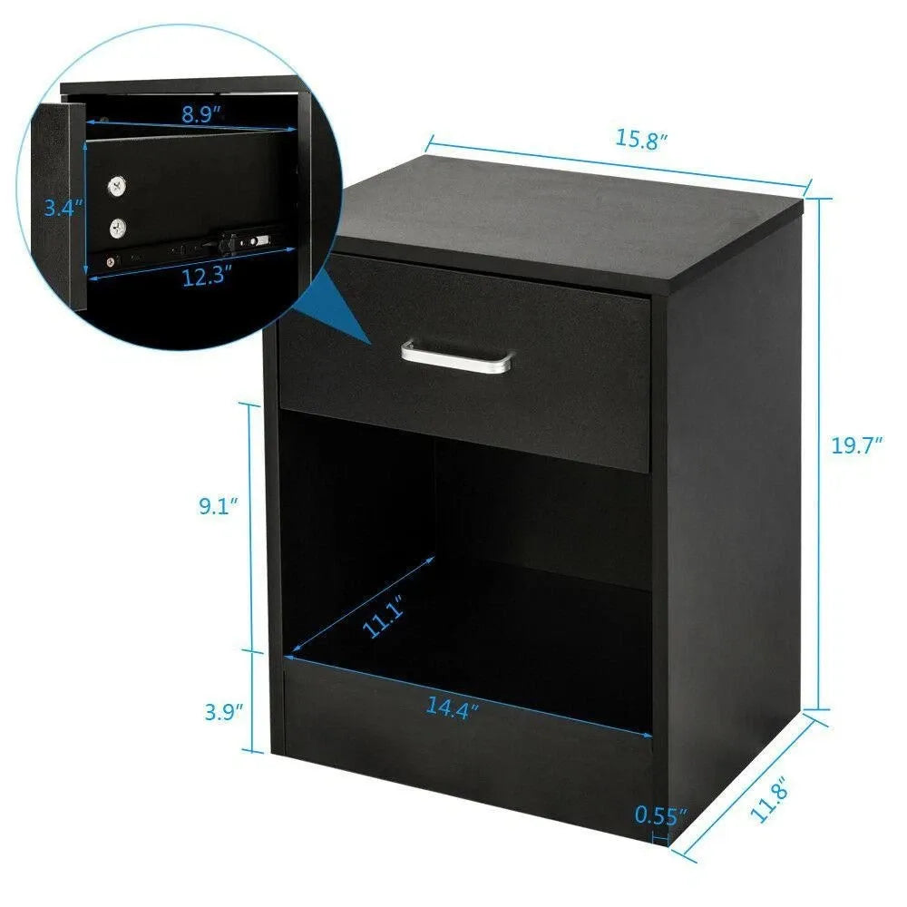 Set of 2 Bedroom Bedside Table Nightstand End Side With Drawer and Open Shelf