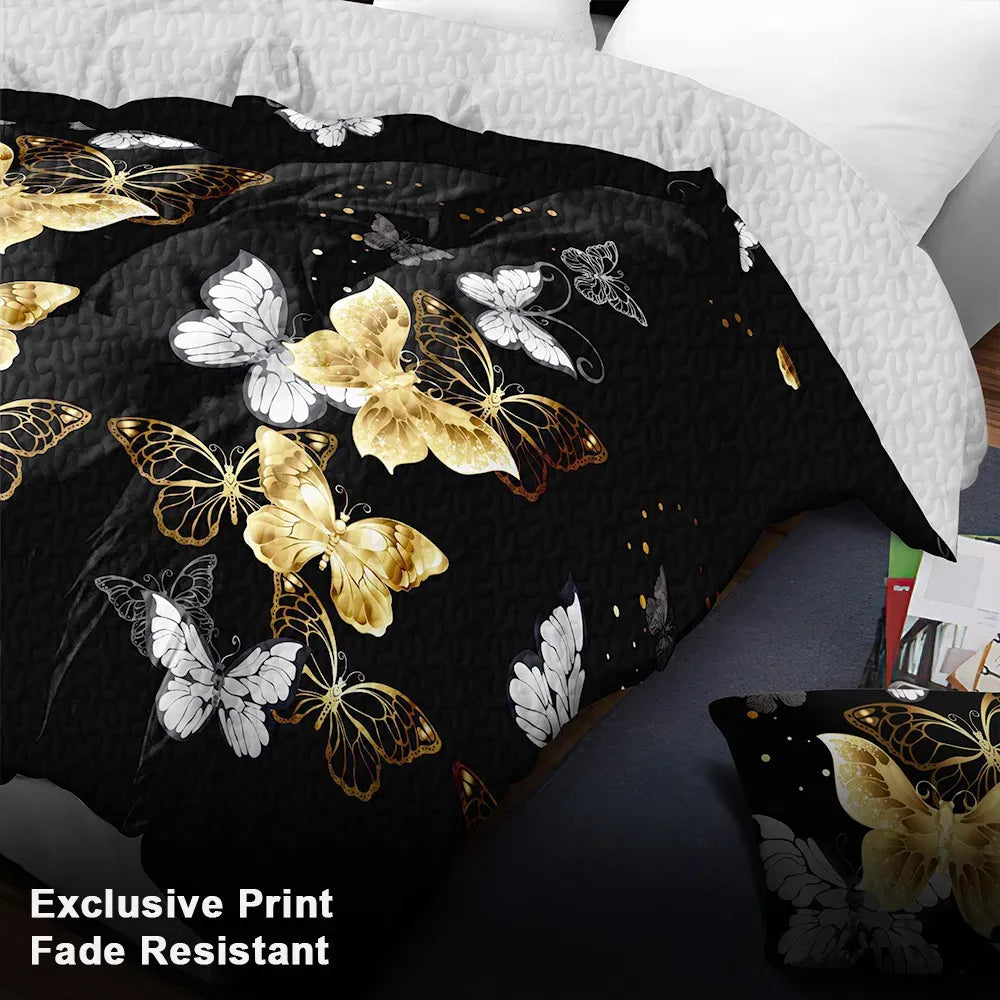 9 Piece Black Gold Butterfly Bedspread Curtain Set Queen King Cal King Bedding