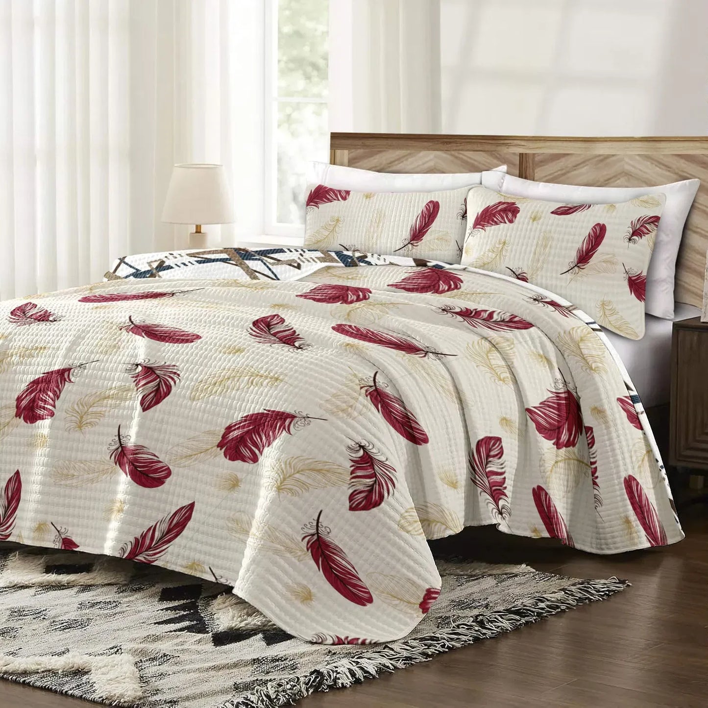 9 Piece Bed in a Bag Set Red Feather Bedspread Curtains Queen King Cal king