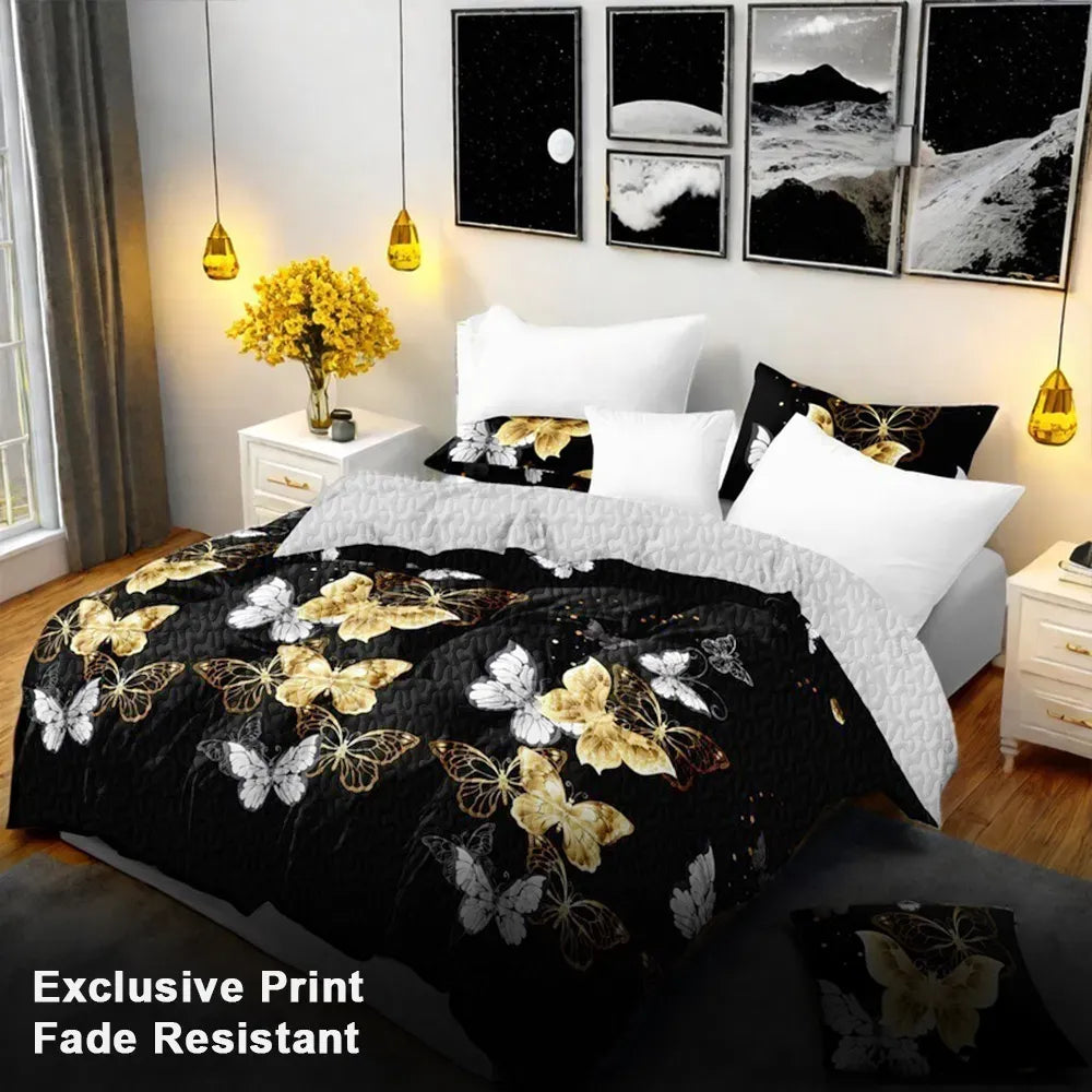 9 Piece Black Gold Butterfly Bedspread Curtain Set Queen King Cal King Bedding