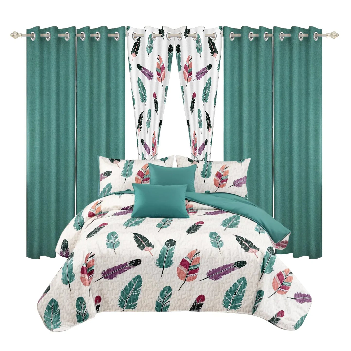 9 Piece Boho Feather Bedspread Curtain Set Queen King Cal King Bedding