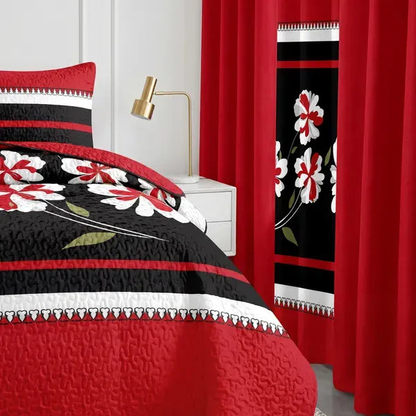 9 Piece Bed in a Bag Set Red Black Floral Bedspread Curtains King Cal King