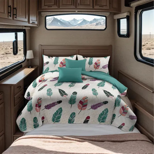 9 Piece Boho Feather Bedspread Curtain Set Queen King Cal King Bedding