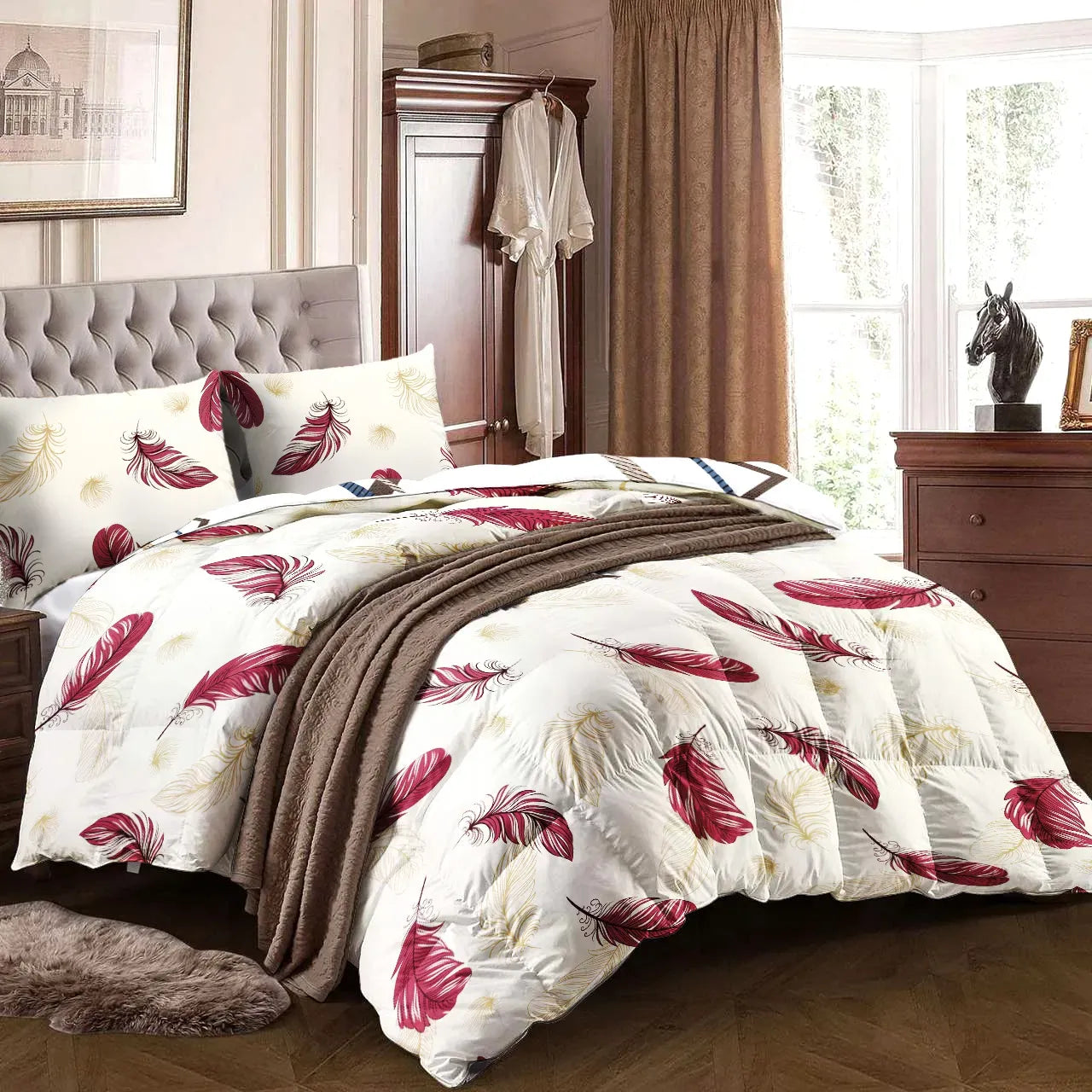 9 Piece Bed in a Bag Set Red Feather Bedspread Curtains Queen King Cal king