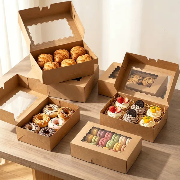 28 Pack Kraft Bakery Boxes with Window 9x6x3 Auto Pop Up Cookie Pastry Boxes