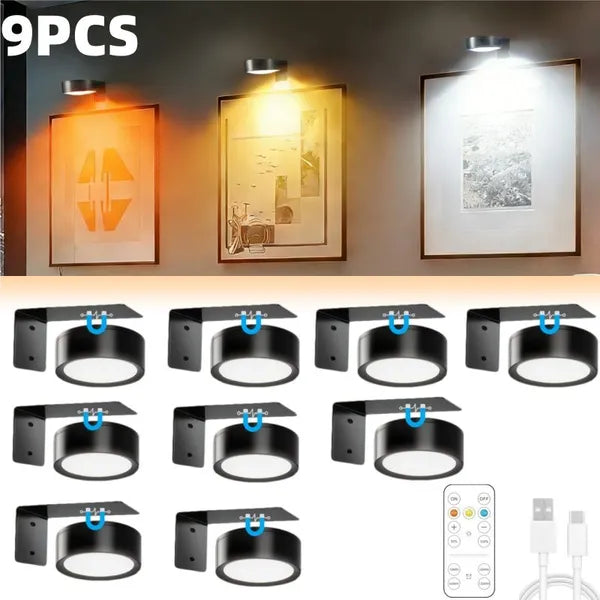 Magnetic Picture Lights Battery Powered Wall Light Wireless Remote Dimmable Black