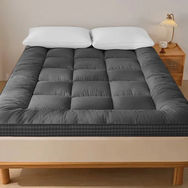Full Size Futon Mattress Topper Thick Floor Sleeping Pad Checkered 3D Edge Gray