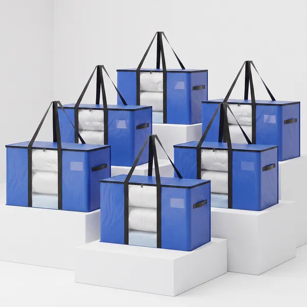6 Pack Heavy Duty Moving Bags 100L Extra Large Storage Totes Clear Window Blue