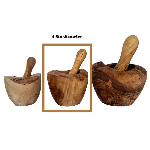 Olive Wood Mortar and Pestle Rustic Handmade Spice Grinder Set