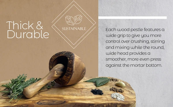 Olive Wood Mortar and Pestle Rustic Handmade Spice Grinder Set