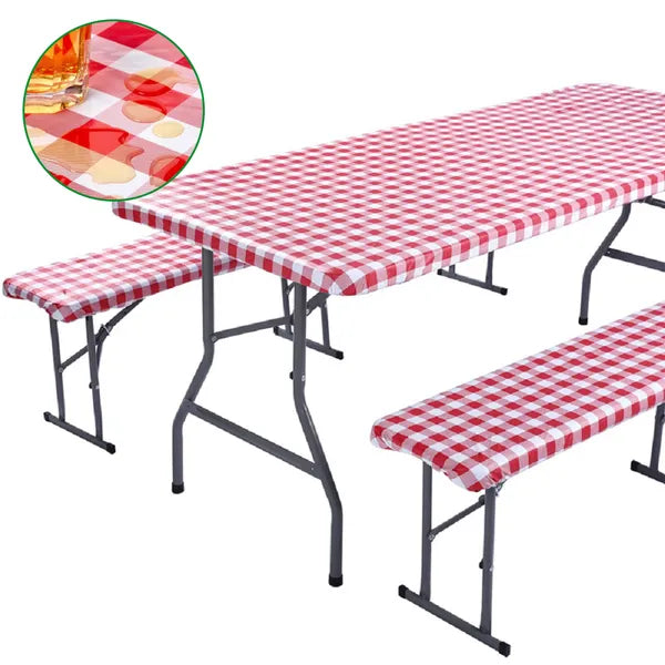 3PCS 6FT Picnic Table Cover Bench Covers 30x72 Waterproof Vinyl Red Checkered