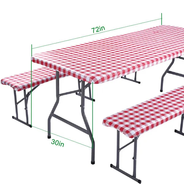 3PCS 6FT Picnic Table Cover Bench Covers 30x72 Waterproof Vinyl Red Checkered