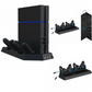 Black gaming console with charging station and multiple controllers on a white background