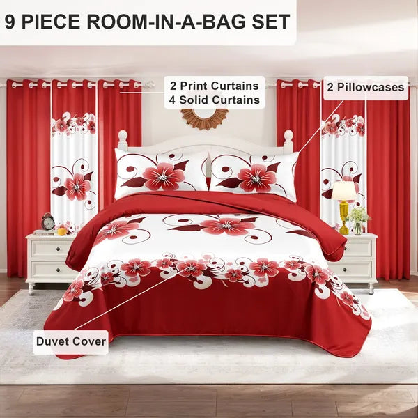 9 Piece Bed in a Bag Set Red White Floral Duvet Cover Curtains Queen King Cal