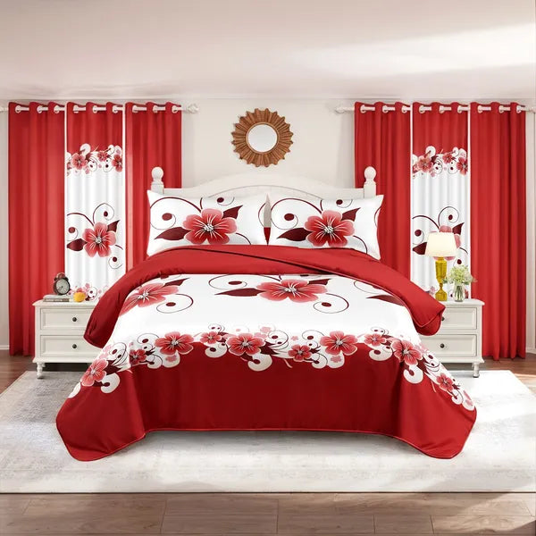 9 Piece Bed in a Bag Set Red White Floral Duvet Cover Curtains Queen King Cal