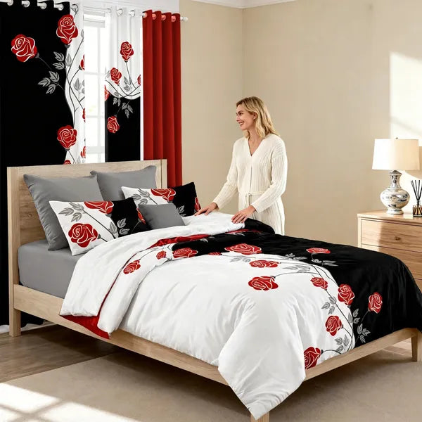 9 Piece Red Rose Bedding Set With Curtains Quilted Bedspread Queen King Cal King