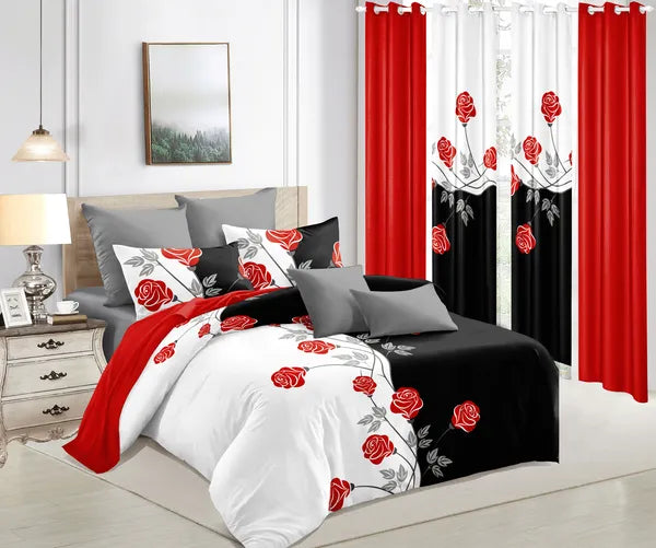 9 Piece Red Rose Bedding Set With Curtains Quilted Bedspread Queen King Cal King