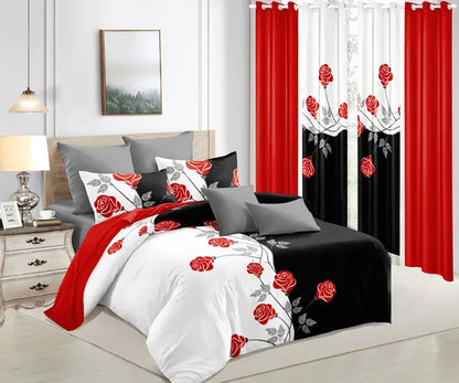 9 Piece Red Rose Bedding Set With Curtains Quilted Bedspread Queen King Cal King