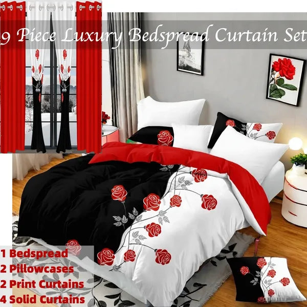 9 Piece Red Rose Bedding Set With Curtains Quilted Bedspread Queen King Cal King