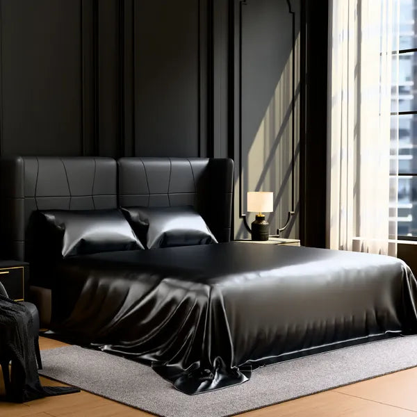Full Satin Sheets Black 4PC Set 15in Deep Pocket Silky Soft Polyester Bedding